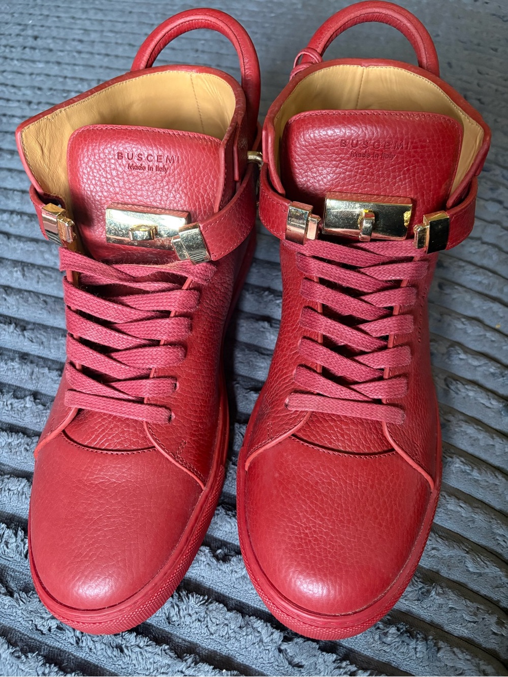 Buscemi Red Leather High-Top Sneakers with Gold Plated Hardware
